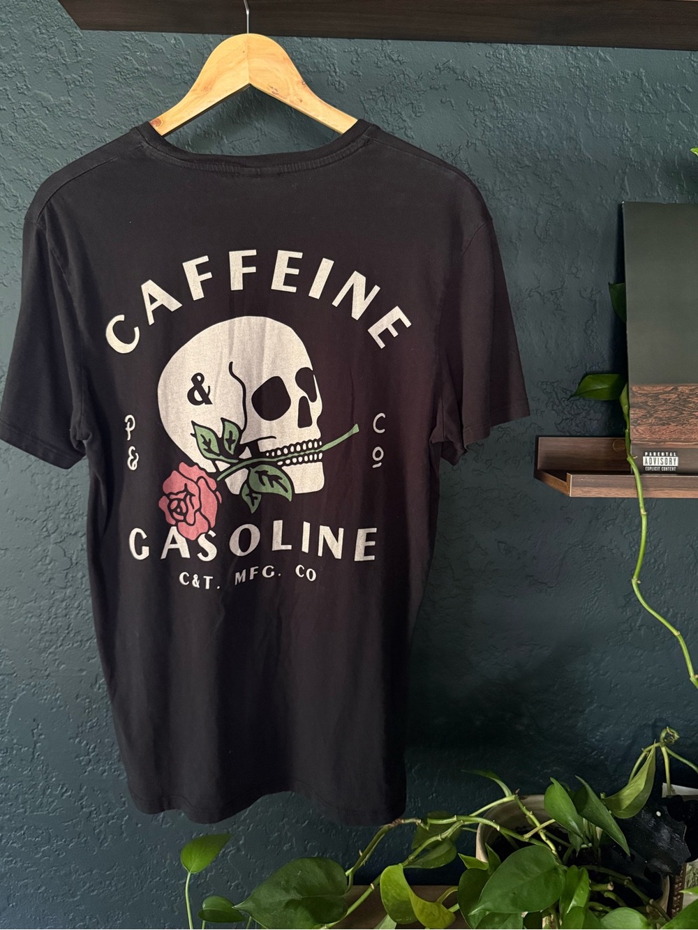 Vintage Caffeine & Gasoline Skull Graphic Tee - Black